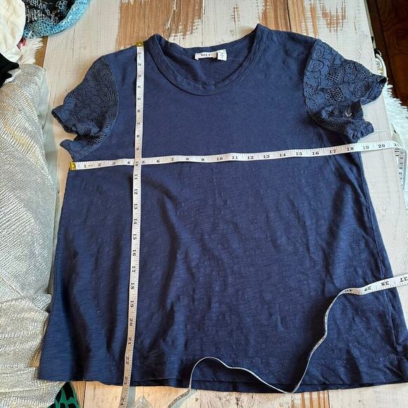 WILT Shrunken Crew Tee with Lace Sleeves Slub 100% Cotton Small Blue - Picture 8 of 12